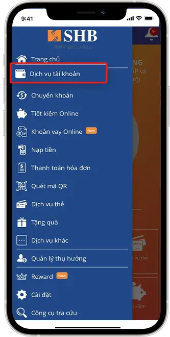 Bước 1 : Tại giao diện chính >> Chọn mục Dịch Vụ Tài Khoản